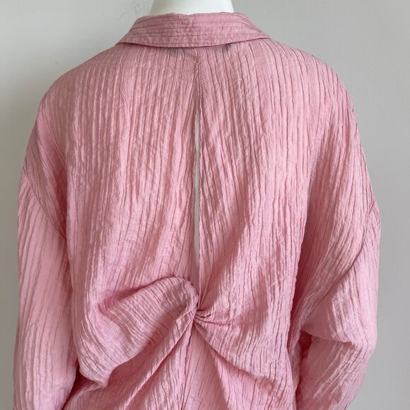 Zara Pink Coquette Button Down Shirt Twisted Cut Out Back Oversized Size Medium - Picture 6 of 12